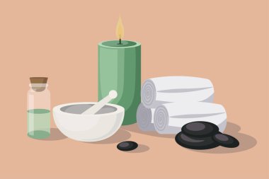 Vektör illüstrasyon doğal kozmetik ve bej arka planda banyo malzemeleri. Promosyon tasarım spa masajı ve çizgi film tarzında güzellik salonu..