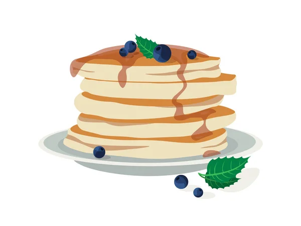 Vector Illustration Pancakes Plate Maple Syrup Blueberry Mint Leaves Delicious — Stock Vector
