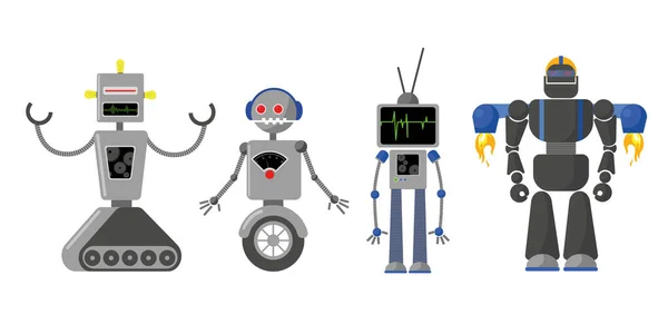 Set Gray Robots Cartoon Style Vector Illustration Old New Robots — Vettoriale Stock