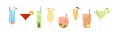 Çizgi film tarzında rengarenk yaz kokteylleri. Kamışla farklı türlerin lezzetli ve iştah açıcı kokteyllerinin vektör çizimi.
