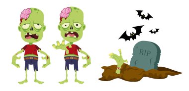 Cadılar Bayramı 'nda beyaz arka planda sevimli ve korkutucu zombilerin temsili. Farklı pozlarda duran karakterler tabuttan çıkar ve çizgi film tarzında yarasalar ortaya çıkar..