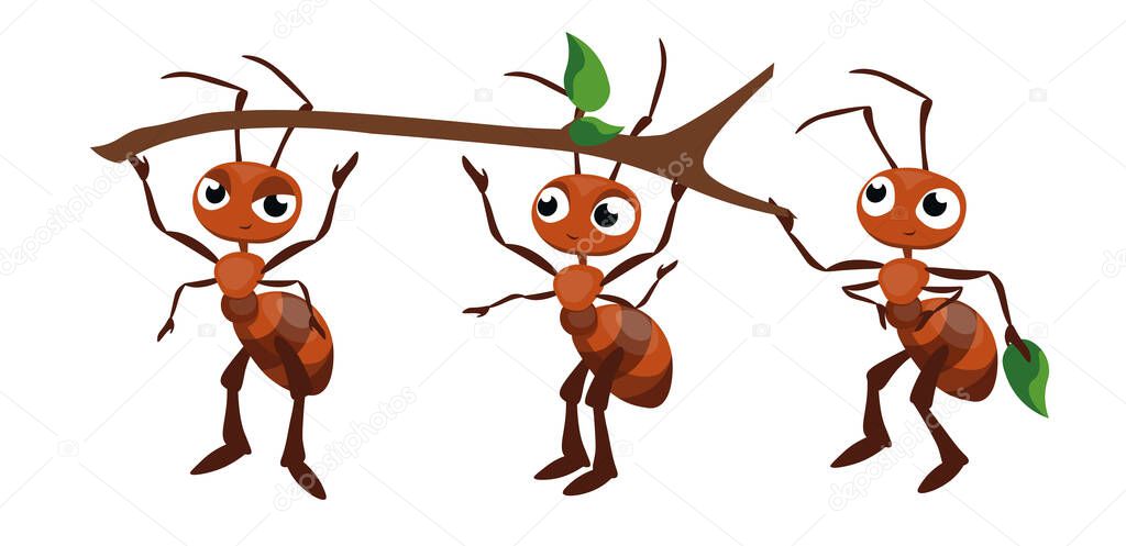 Vector illustration of cute and beautiful ants on white background. Charming characters in different poses holding a stick chief, assistant and corrector in cartoon style.