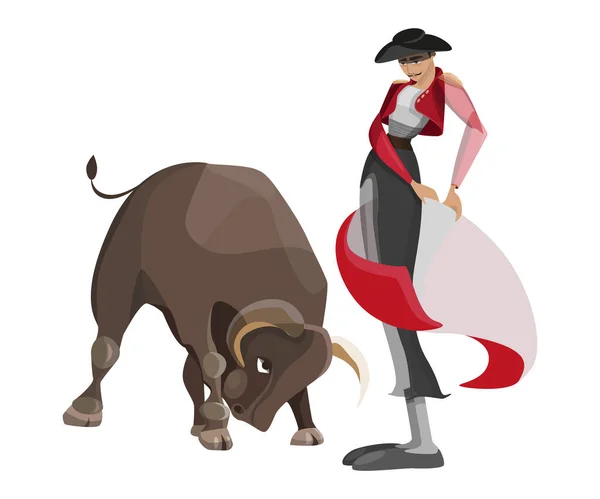 Spanish Bullfighting Cartoon Style Vector Illustration Evil Bull Matador Red — Stock Vector