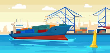 Çizgi film tarzında deniz kargo limanının güzel bir çizimi. Liman rıhtımında konteynırları olan kargo gemisi. Mal lojistik hizmetlerinin ithalatı ve ihracatı.