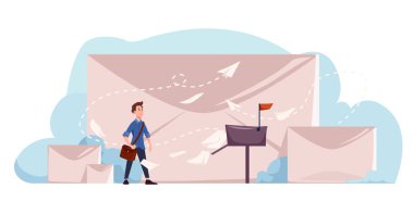 Vektör illüstrasyon postası. Postacı posta kutusuna mektuplar getirirdi ama kağıttan uçaklar, karikatür tarzında büyük zarfların arka planına doğru uçardı. Posta servisi ve posta teslimatı kavramı.