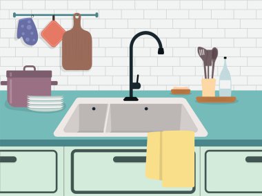 Güzel bir mutfağın vektör çizimi. İçinde lavabo, bulaşık, havlu, mutfak gereçleri asılı..