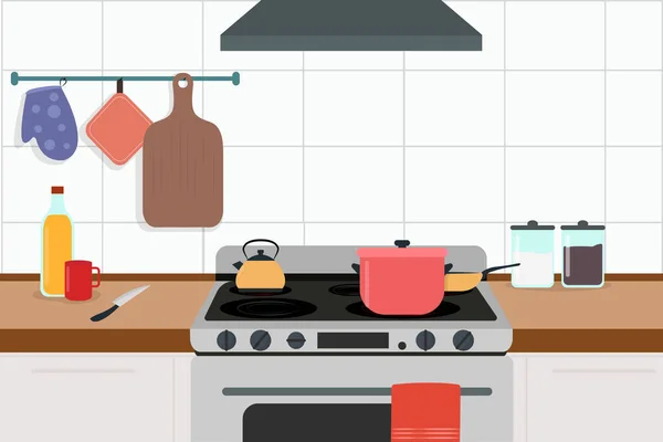 Ilustração Vetorial Uma Bela Cozinha Interior Dos Desenhos Animados Com — Vetor de Stock