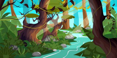 Vector illustration of beautiful forest stream. Cartoon jungle landscape with stream, ancient trees, stones, vines.