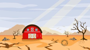 Doğal felaketin vektör çizimi. Çiftlikteki tüm bitkileri mahveden kuraklıkla dolu karikatür manzarası..