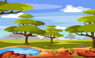 Güzel bir yaz savanasının vektör çizimi. Ağaçlı, dağlı, göllü Afrika karikatürü.