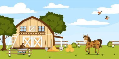 Vector illustration of a beautiful summer farm. Cartoon landscape with barn, horse, birds, fence, trees, hay.