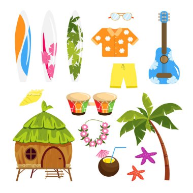 Hawaii 'deki tatilciler için karikatür tarzı ekipmanlar. Hawaii evi, palmiye ağaçları, kabuklar, hindistan cevizi kokteyli, denizyıldızı, davul, gitar, gömlek, beyaz arka planda gözlük..