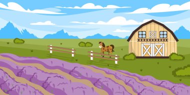 Güzel bir yaz çiftliğinin vektör çizimi. Arka planda lavanta tarlası, ahır, at, çit ve dağlar olan karikatür manzarası.
