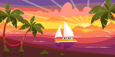 Vector illustration of a beautiful summer sea coast. Cartoon beach landscape on the sunset with palm trees, hammock, sailboat.