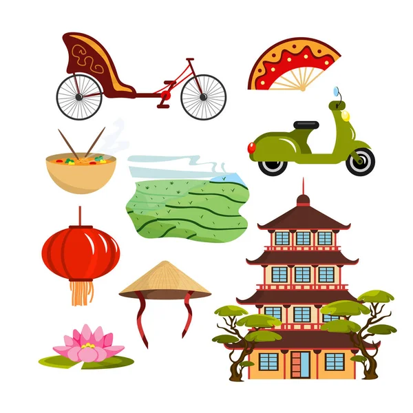 Set Equipment Vietnam Cartoon Style Vector Illustration Bicycle Moped Fan — Stockvektor