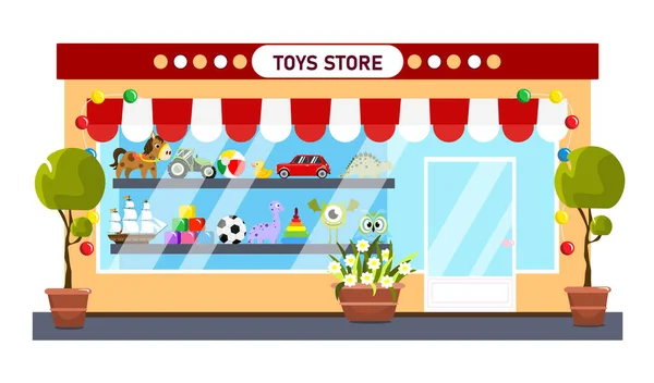 Vector Illustration Funny Toy Store Cartoon Urban Buildings Soft Toys — Vector de stock