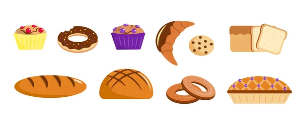 Set Baking Cartoon Style Vector Illustration Cupcakes Croissants Donuts Bagels — Wektor stockowy