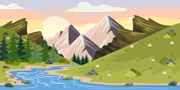 Vector Illustration Beautiful Mountain Cartoon Valley Landscape Streams Trees Stones — Stock Vector