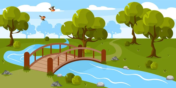 Vector Illustration Beautiful Forest Bridge Cartoon Forest Landscape Stream Bridge — Vetor de Stock