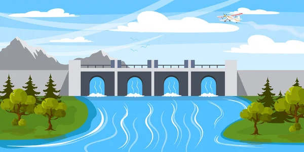 Vector Illustration Beautiful Dam Cartoon Mountain Landscape Big River Reservoir — Vettoriale Stock