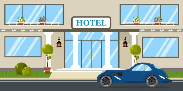 Векторна Ілюстрація Красивого Готелю Мультяшні Міські Будівлі Припаркованими Дорогими Машинами — стоковий вектор