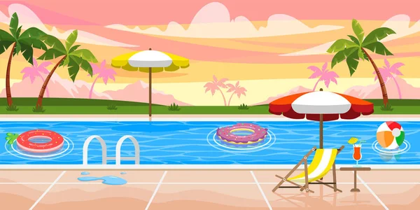 Vector Illustration Beautiful Summer Pool Sunset Cartoon Mountain Landscape Swimming — Διανυσματικό Αρχείο