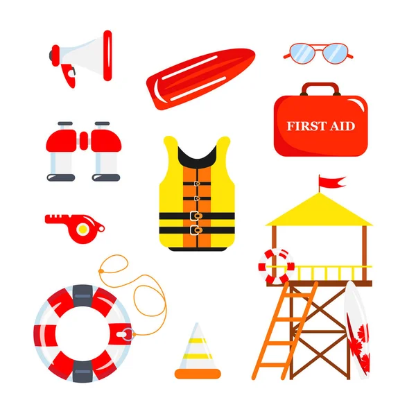 Set Equipment Beach Lifeguards Cartoon Style Vector Illustration Loudspeaker Sunglasses — ストックベクタ