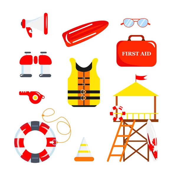 Set Equipment Beach Lifeguards Cartoon Style Vector Illustration Loudspeaker Sunglasses — Stok Vektör