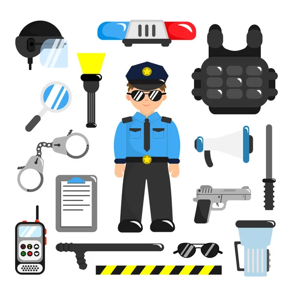 Set Police Equipment Cartoon Style Vector Illustration Police Officer Pistol — Stockvektor