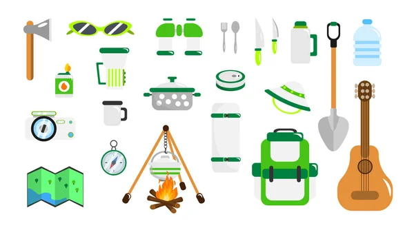 Set Green Tools Hiking Cartoon Style Vector Illustration Hiking Backpack — Stock vektor