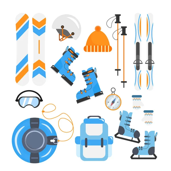 Set Equipment Skiers Cartoon Style Vector Illustration Bag Skis Snowboard — Image vectorielle
