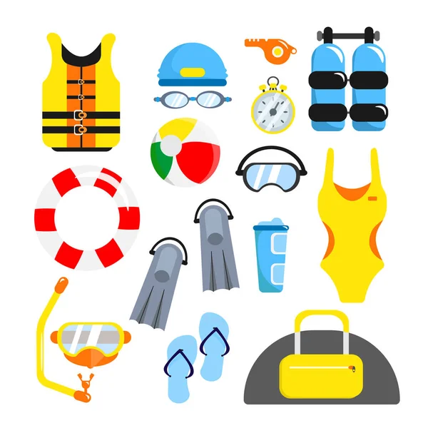 Set Equipment Beach Lifeguards Cartoon Style Vector Illustration Bag Swimsuit — Vettoriale Stock