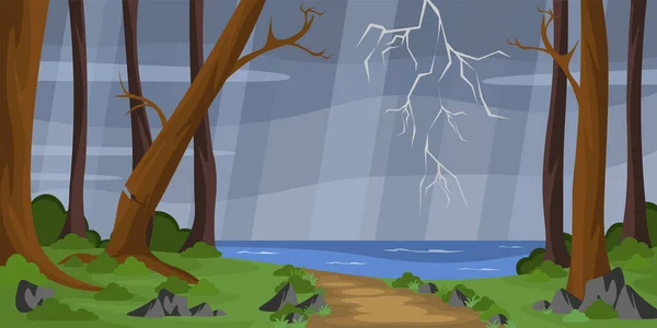 Vector Illustration Beautiful Formidable Forest Cartoon Forest Landscape Storm Rain — Stockový vektor