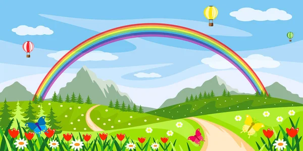 Vector Illustration Beautiful Summer Rainbow Cartoon Forest Landscape Rainbow Fields — ストックベクタ