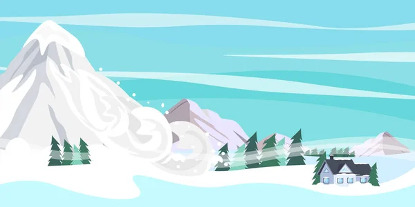 Vector Illustration Natural Disaster Cartoon Landscape Snow Avalanche Descends Mountains —  Vetores de Stock