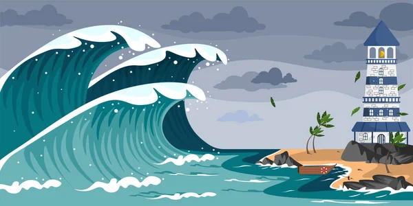 Doğal felaketin vektör çizimi. Deniz feneri ve kayıkla adaya hareket eden tsunamili karikatür manzarası.