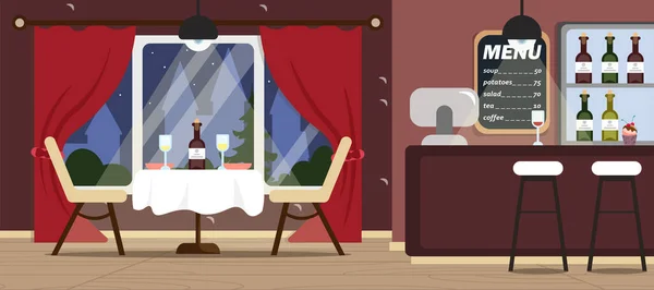 Güzel bir iç restoranın vektör çizimi. Pencerenin yanında romantik bir masa, şarap, menü ve alkollü bir bar..