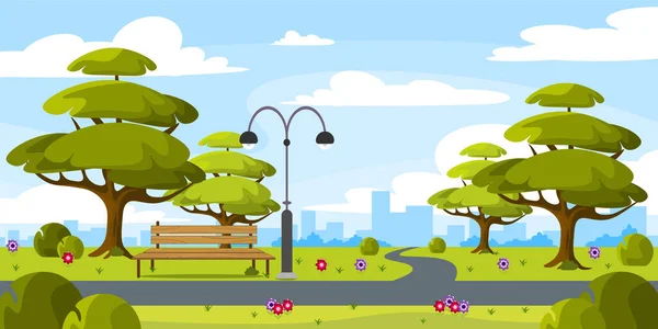 Vector Illustration Beautiful Summer Park Cartoon Urban Landscape Trees Bench — Vetor de Stock