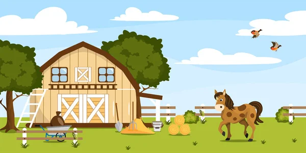Vector Illustration Beautiful Summer Farm Cartoon Landscape Barn Horse Birds — Vetor de Stock