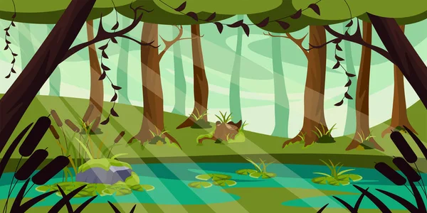 Vector Illustration Beautiful Summer Swamp Cartoon Forest Landscape Swamp Trees — Vetor de Stock