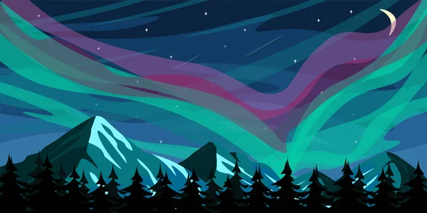 Векторні Ілюстрації Красивих Зимових Північних Вогнів Мультяшний Лісовий Пейзаж Нічним — стоковий вектор
