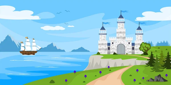 Vector Illustration Beautiful Castle Cartoon Landscape Sea White Castle Ship — Vetor de Stock