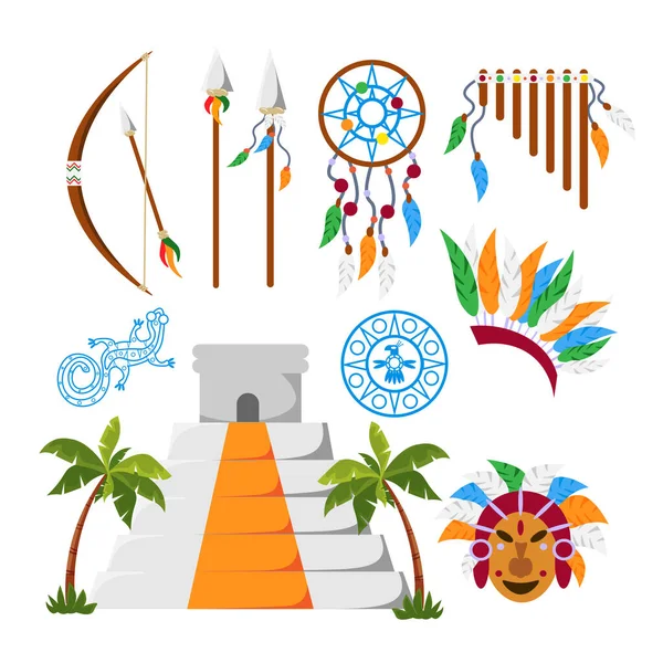 Set Equipment Maya Cartoon Style Vector Illustration Pyramids Palm Trees — Vettoriale Stock