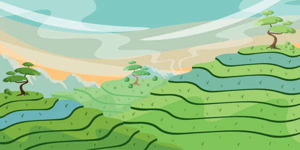 Vector Illustration Beautiful Summer Chinese Rice Fields Cartoon Chinese Landscape — Vetor de Stock