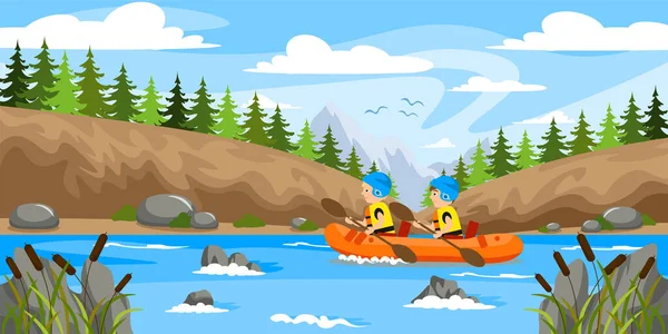 Vector Illustration Beautiful Summer Kayaking Trips Cartoon Forest Landscape Boys — Vetor de Stock