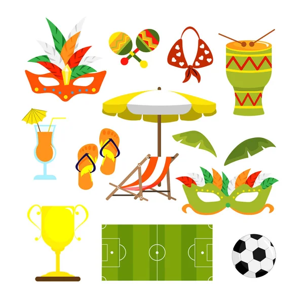 Brezilya 'daki tatilciler için karikatür tarzı ekipmanlar. Futbol sahası, top, kokteyl, terlik, mayo, şemsiyeli güneş şezlongu, karnaval maskeleri, davul, marakas.