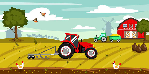 Vector illustration of a beautiful autumn farm. Cartoon landscape with wheat fields, wheat harvesting tractors, chickens, birds, barn, mill, trees.