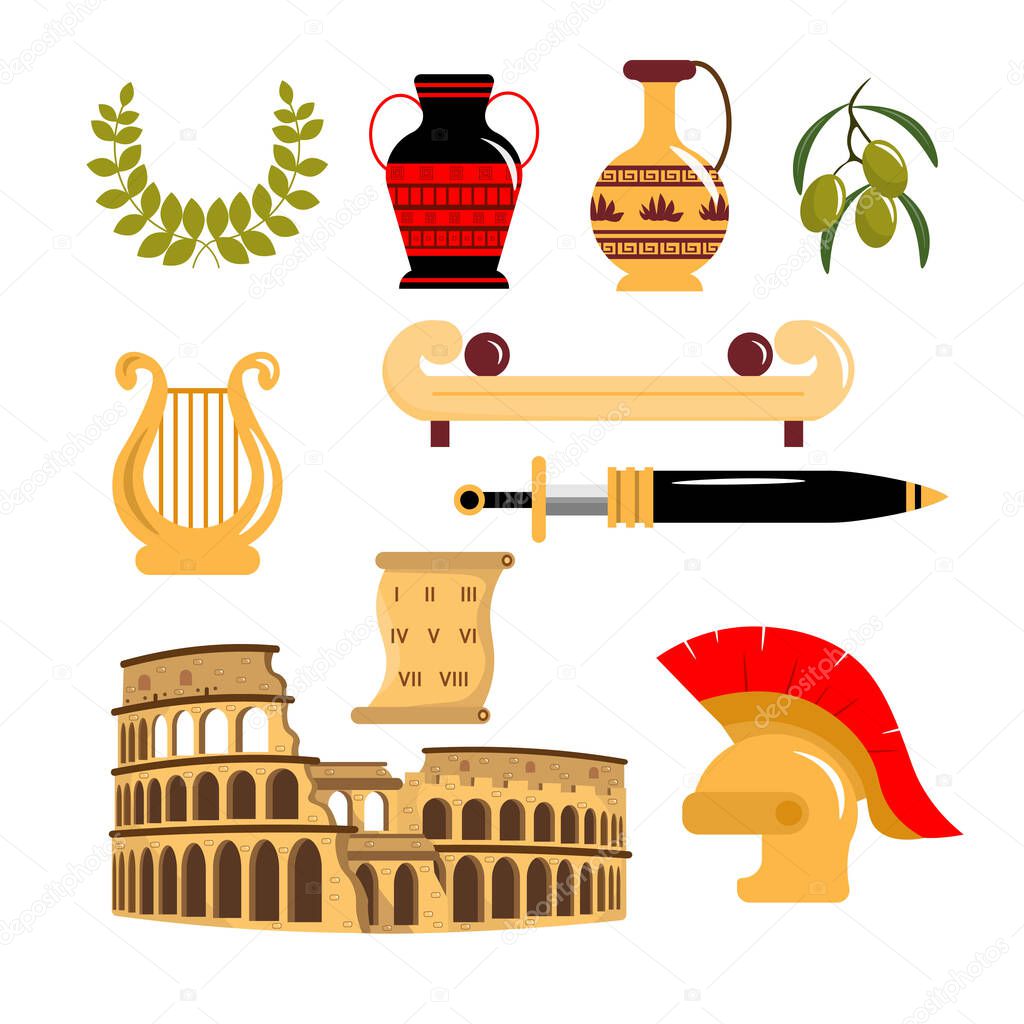 Set of equipment from ancient Romans in cartoon style. Vector illustration of wreaths with olive branch, jugs, clay pots, olives, harp, sword, helmet, coliseum, scroll, sofa on white background.