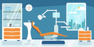 Vector illustration of a modern interior dentistry room. Cartoon interior with dental unit, cabinet, bedside tables, medicines, washbasin, window with access to the city.