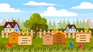 Vector illustration of beautiful apiaries. Cartoon mountain landscape with garden, bee hives, bees, flowers, butterflies, forest, houses.